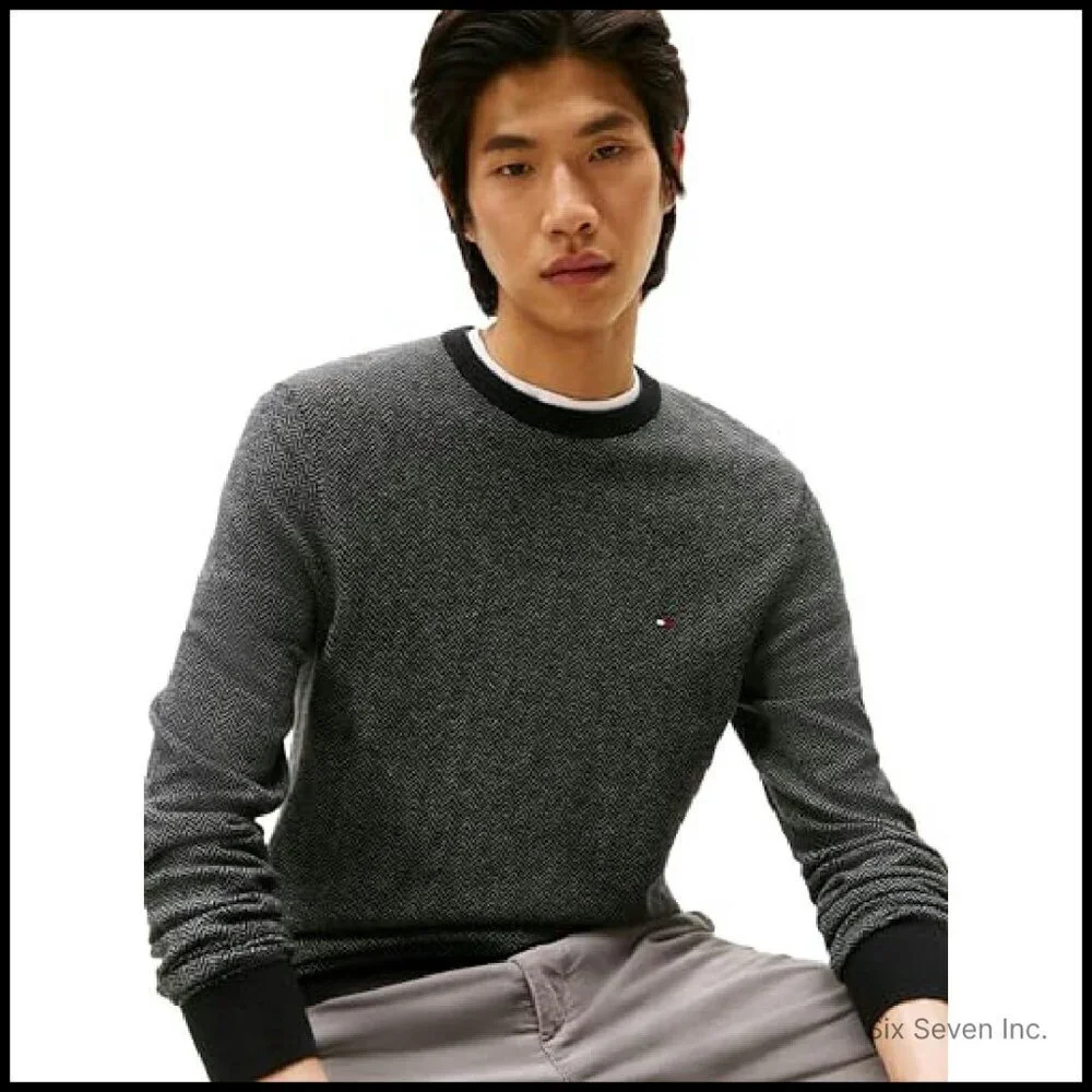 Herringbone Cotton Cashmere Crewneck Sweater Classic Preppy Pullover